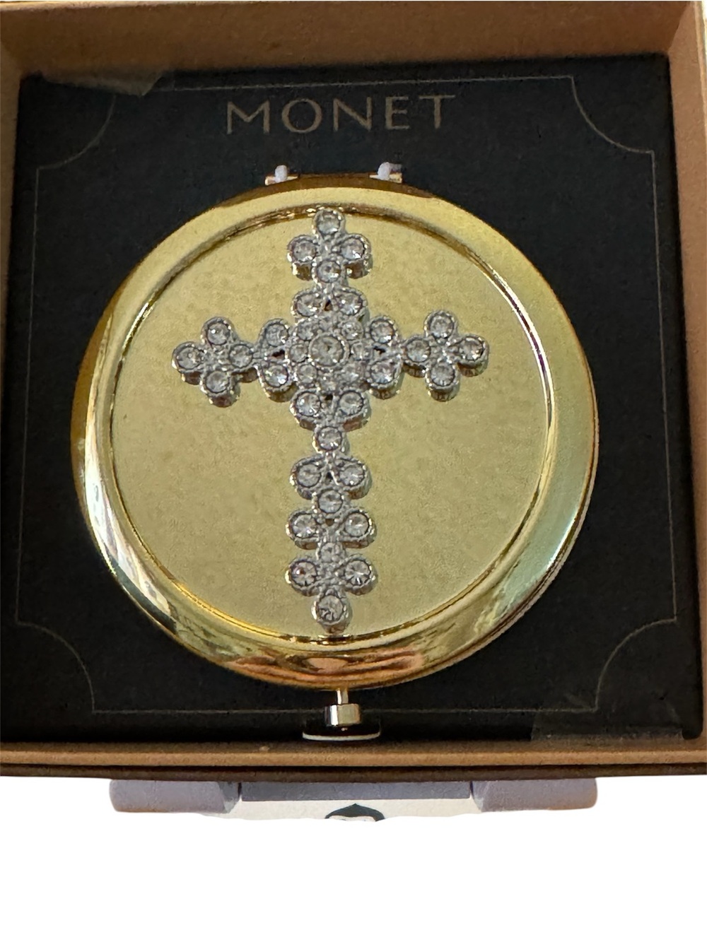 Monet Gold Compact Mirror with Rhinestone Cross